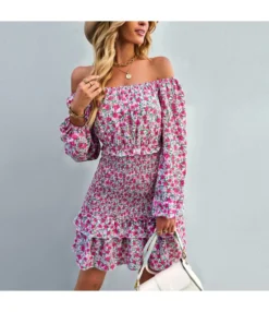 Floral Print Off Shoulder Sexy Long Sleeve Slim Ruffled Dress Wholesale Dresses SDN536755