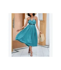 Solid Color Halterneck Cutout Mid-Length Open Back Swing Pleated Dress With Belt Sexy Wholesale Dresses SDN533124