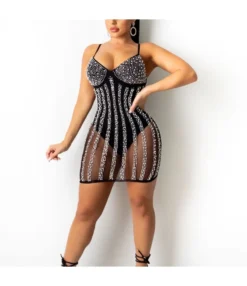 Sexy Perspective Sling V Neck Hot Drill Nightclub Bodycon Mini Dress Wholesale Dresses SDN562575