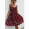 Flower Print Sling V-Neck Nipped Waist Summer Midi Swing Dress Wholesale Dresses SDN533524