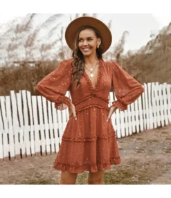 Wholesale Thin Low V-Neck Boho Short Dress SD081330