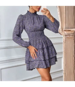 Floral Print Long Sleeve High Collar Cake Ruffled Dress Wholesale Dresses SDN536740