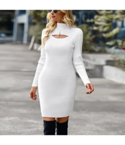 Sexy Half Turtleneck Cutout Knit Dress Solid Color Long Sleeve Bodycon Wholesale Dresses SDN561054