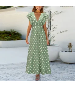 Polka Dot Print Deep V Nipped Waist Vintage Vacation Dress Ruffles Wholesale Maxi Dresses SD204284