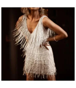 Deep V Sleeveless Nightclub Bodycon Fringe Dress Wholesale Dresses SDN535883