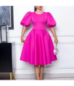 Round Neck Elegant Puff Sleeve Waist A-Line Dress Wholesale Dresses SDN539411