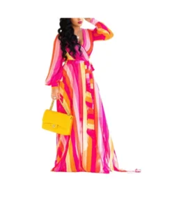 Floral Printed V Neck Chiffon Lantern Sleeve Lace-Up Swing Dress Vacation Casual Wholesale Maxi Dresses SD55498