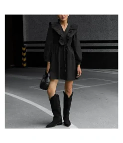 Temperament Long Sleeve High Waist A- Line Ruffled Black Dress Wholesale Dresses N5323021500005