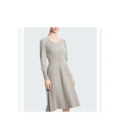 V Neck Solid Color Button Design Wholesale Jersey Dresses Mid Length Sweater Dress Elegant SD184225