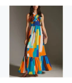 Crossover Off Shoulder Colorblock Print Resort Ruffled Dress Wholesale Maxi Dresses SDN534706