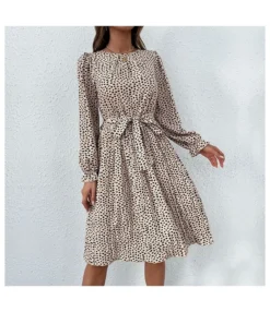 Leopard Print Lace-Up Long Sleeve Pleated Dress Wholesale Dresses SDN536735