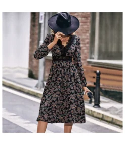 Lace Trim V Neck Long Sleeve Nipped Waist Midi Floral Dress Wholesale Dresses SDN538603