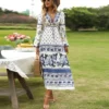 Fashion Printed Hollow Tie-Up Collar Long Sleeve Vacation Bohemian Dress Wholesale Dresses N5323030300073