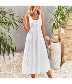 U Collar Sleeveless Solid Color Casual A-Line Suspender Smocked Dress Wholesale Dresses N5323030618101