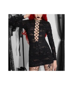 Dark Punk See-Through Long-Sleeved Tight-Fitting Hollow Deep V Tie Dress Wholesale Dresses N4623071300009