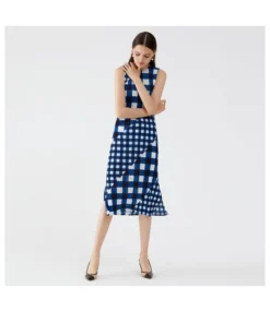 Gingham O-Neck Sleeveless Patchwork Slim Slit Midi Dress SD080410