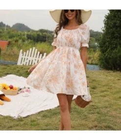 Puff Sleeve Floral Print Square Neck Elastic Waist Simple Swing Dress Wholesale Dresses SDN533522