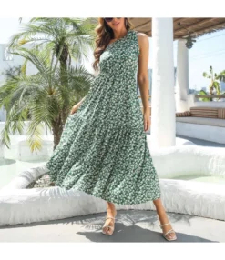 Slanted Shoulder Floral Print Loose Long Smocked Swing Dress Wholesale Dresses N5323030700069
