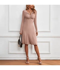 V-Neck Strap Long-Sleeve Elegant Midi A-Line Knitted Dress Wholesale Dresses SDN537994