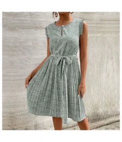 Casual Print Sleeveless Dress Floral Pleated Tie-Up A-Line Wholesale Dresses SDN561296