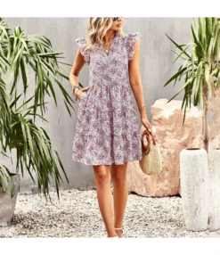 Fashion Floral Print V Neck Frill Sleeve Loose Dress Wholesale Dresses SDN539499