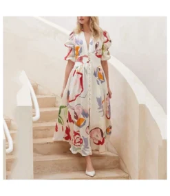 Printed Deep-V Neck Mid-Sleeve Slim Fit Nipped Waist Resort A-Line Dress Wholesale Maxi Dresses SDN533567