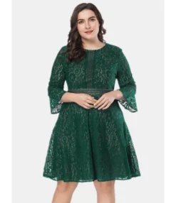 Plus Size O-neck Three-quarter Sleeves Lace Midi Dress 210722400