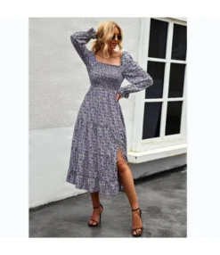 Floral Print Square Neck Long Sleeve Slit Smocked Dress Wholesale Dresses SDN536749