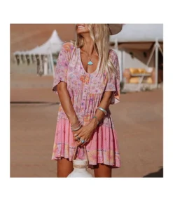 Loose Short Sleeve V-Neck Floral Print Dress Wholesale Dresses N4623051900042