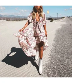 Floral Print Deep-V Neck Flare Sleeve Lace-Up Cutout Irregular Hem Resort Maxi Dresses Wholesale Bohemian Dress For Women SDN532371