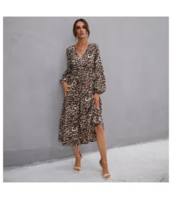 V Neck Buttons Trim Leopard Print Women Dress Wholesale SD030508