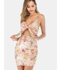 Knot-front Flower Trim Sequins Dress