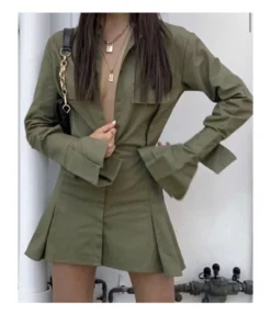 Solid Color Turn Down Collar Cargo Style Shirt Dress