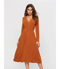 Sexy V-neck Button Front Long Sleeve Split Hem Dress