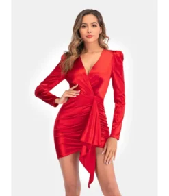 Sexy V-collar Plain Shirred Party Dress