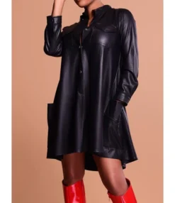 Button Pocket Leather Plain Shirt Dress
