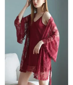 2 Pieces Stain Cami Dress And Lace Cardigan Pajamas Set