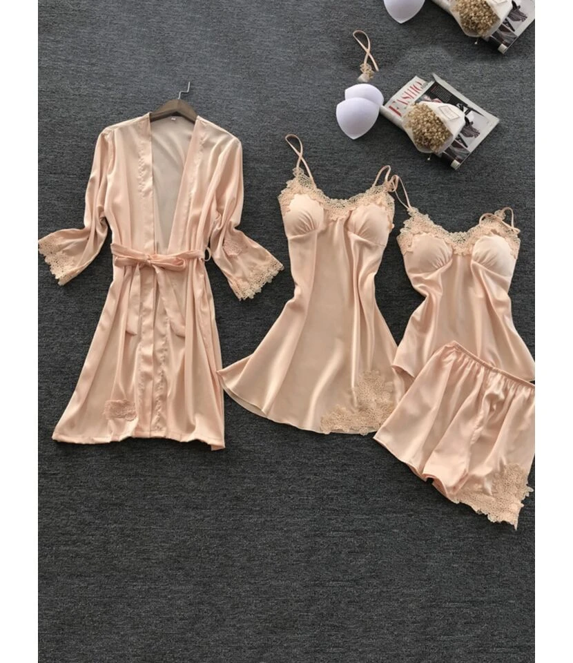 4PCS Lace Trim Kimono Suspender Dress Cami Top Shorts Pajamas Set