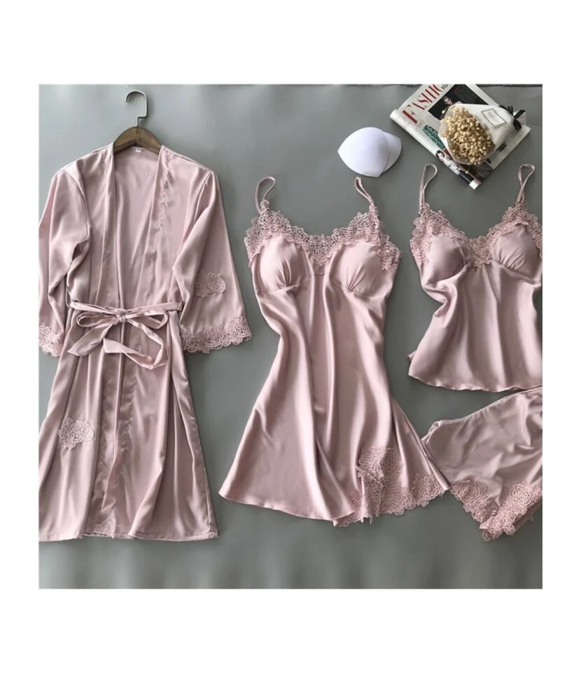 4PCS Lace Trim Kimono Suspender Dress Cami Top Shorts Pajamas Set - Image 3