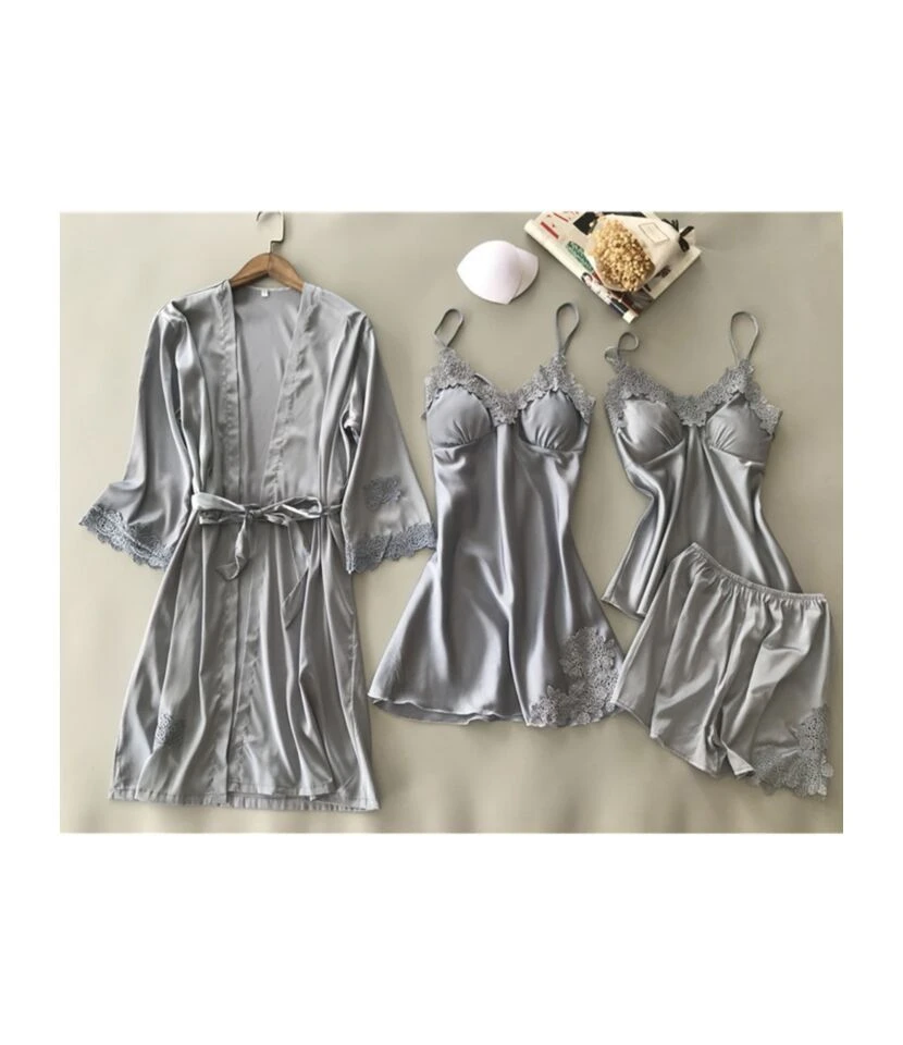 4PCS Lace Trim Kimono Suspender Dress Cami Top Shorts Pajamas Set - Image 4