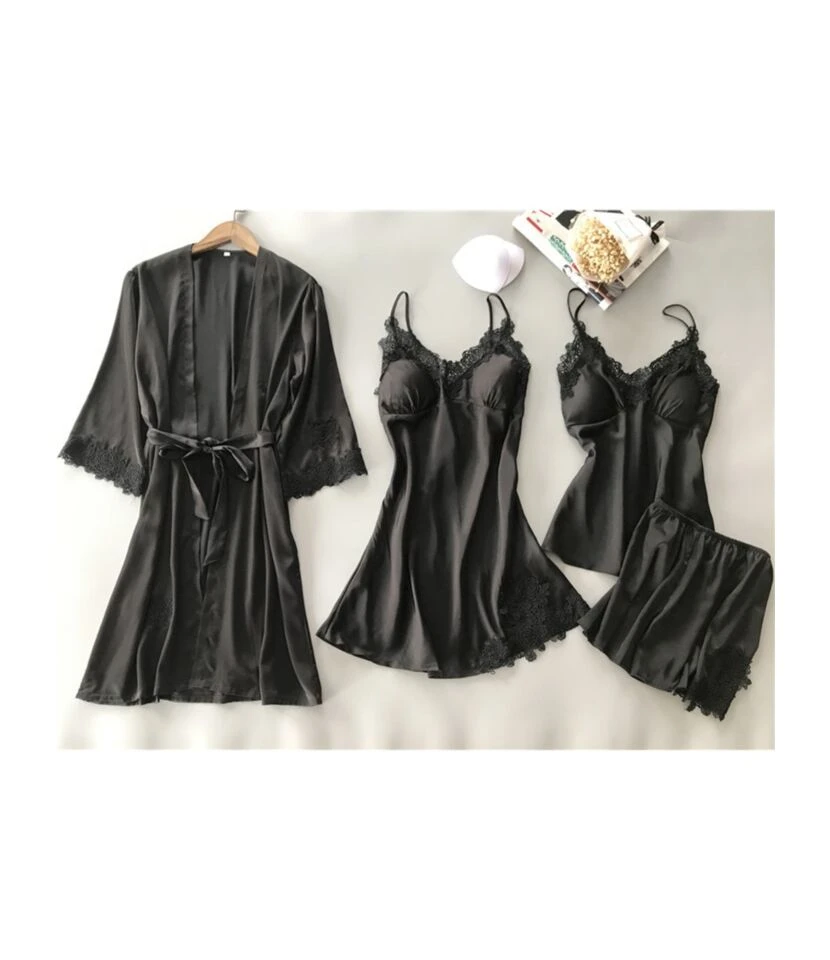 4PCS Lace Trim Kimono Suspender Dress Cami Top Shorts Pajamas Set - Image 6