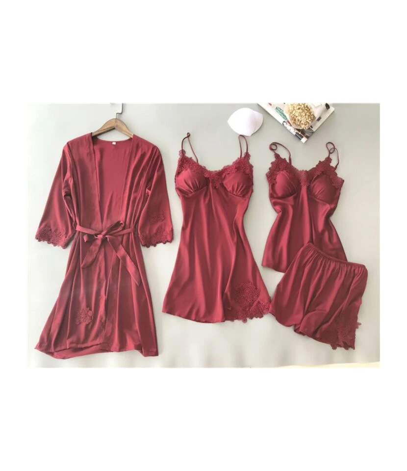 4PCS Lace Trim Kimono Suspender Dress Cami Top Shorts Pajamas Set - Image 7