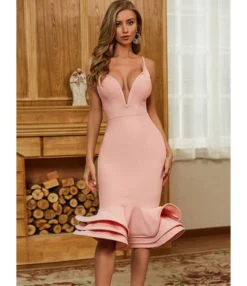 Deep V-neck Layered Ruffle Bandage Dress