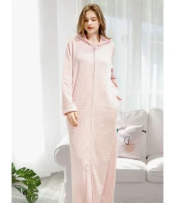 Solid Color Flannel Zipper Hooded Nightgown Dress