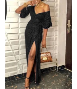 V Collar Ruched Puff Sleeve Belted Wrap Maxi Dress