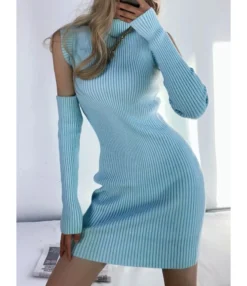 Mock Neck Plain Ribbed Knitting Dress With Sleeves
