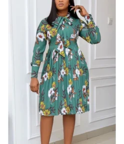 Tie-neck Flower Print Pleated Smock Dress