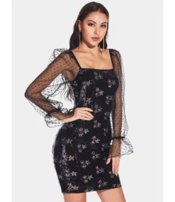 Sheer Ruffle Sleeve Flower Pattern Sequin Dress