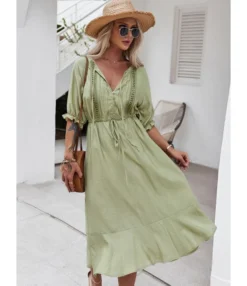 Lace Insert Tie-neck Ruffled Dress