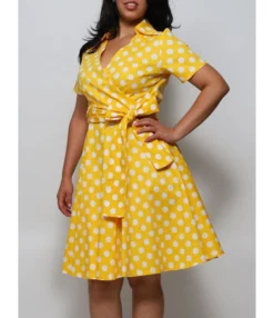 Lapel Collar Belted Polka Dots Swing Dress